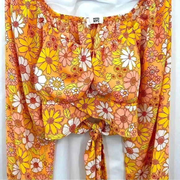 Madden NYC Juniors Floral Crop Top XL Yellow Orange Cropped Back Tie Long Sleeve - Picture 2 of 15